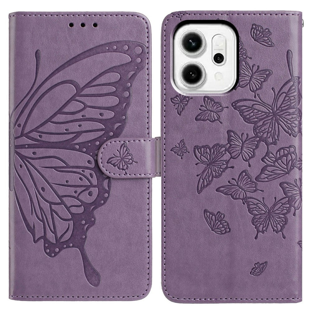For Oppo Reno14 Pro 5G (Global) Case Butterfly Imprinted Wallet Stand PU Leather Flip Phone Cover with Strap