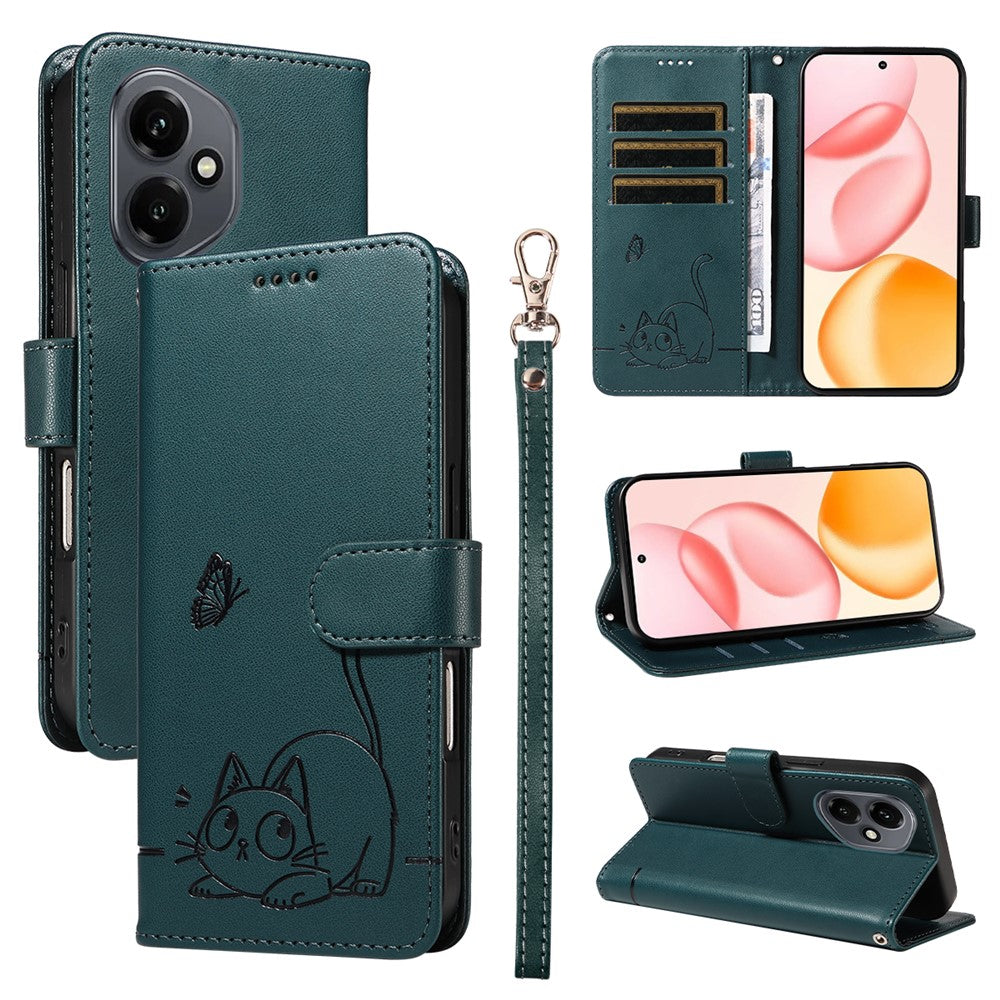 For Honor 400 5G (Global) Case Cat Pattern Imprint Leather Phone Cover with Wrist Strap