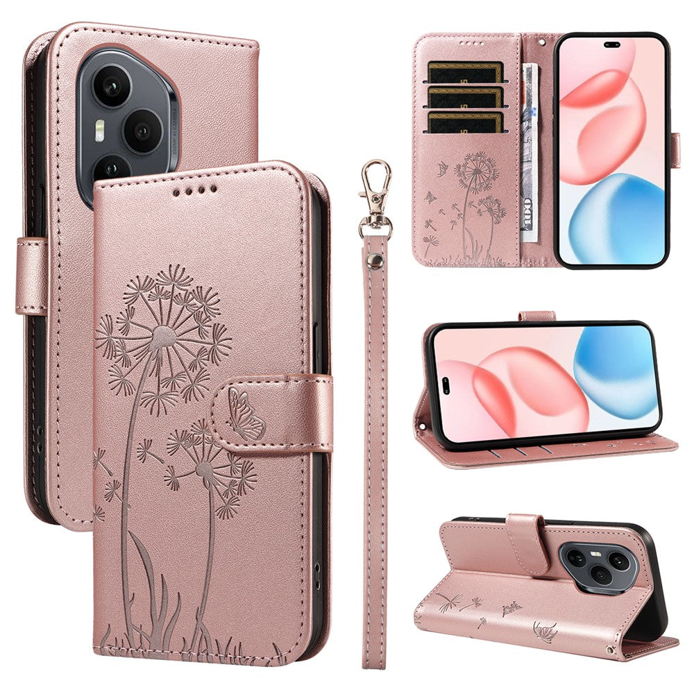 For Honor 400 Pro 5G (Global) Læder Pung Etui med Rem Mælkebøtte Aftryk Telefon Stand Cover