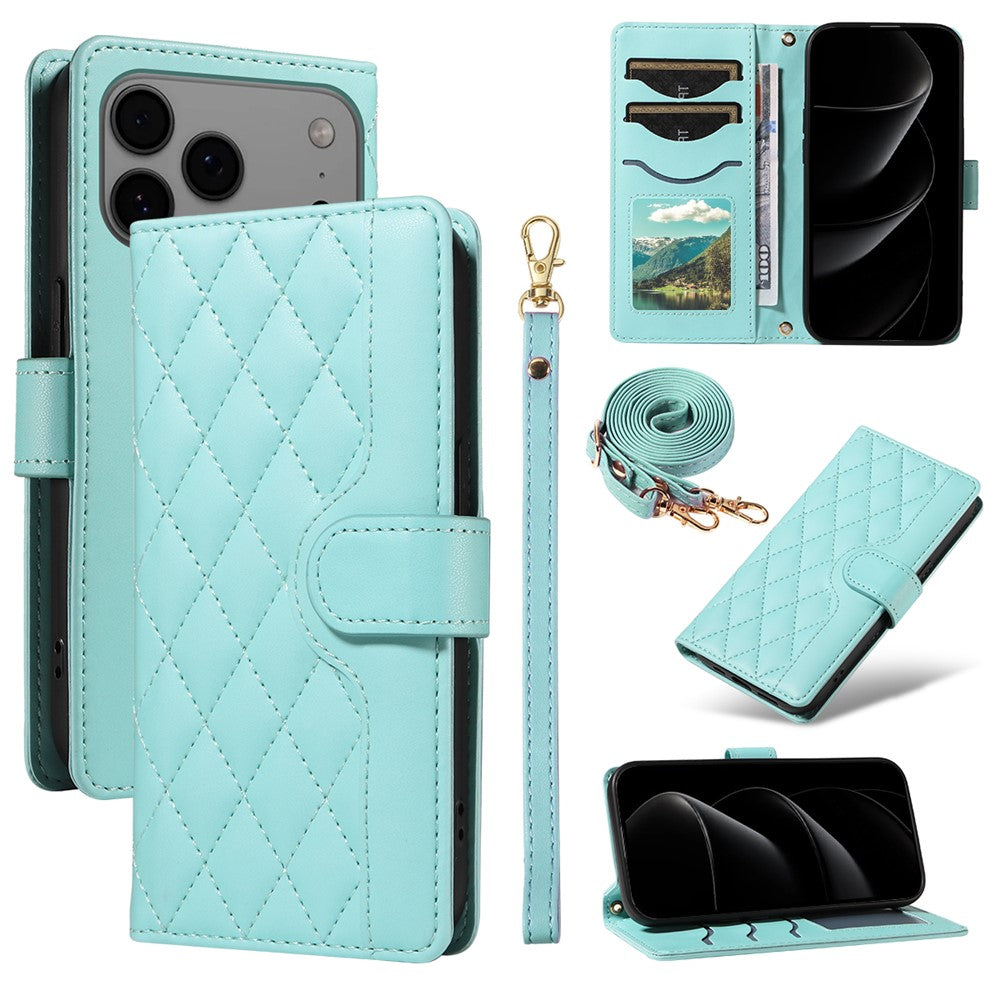 For iPhone 18 Pro Max / 17 Pro Max Wallet Case Rhombus Leather Phone Cover with Strap