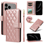 For iPhone 18 Pro Max / 17 Pro Max Wallet Case Rhombus Leather Phone Cover with Strap