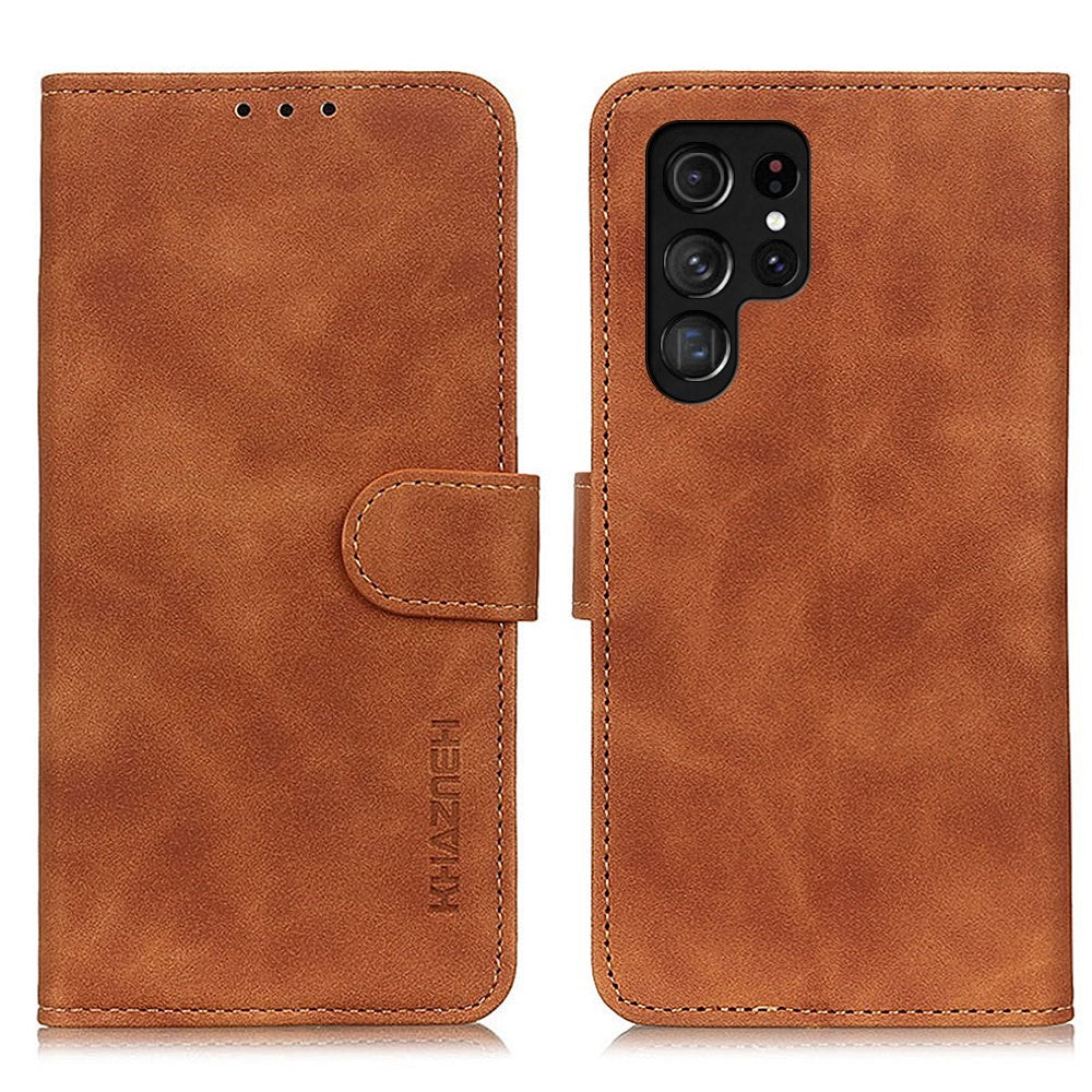 KHAZNEH For Samsung Galaxy S23 Ultra Retro Texture PU Leather Phone Cover Drop-proof Protective Wallet Stand Case