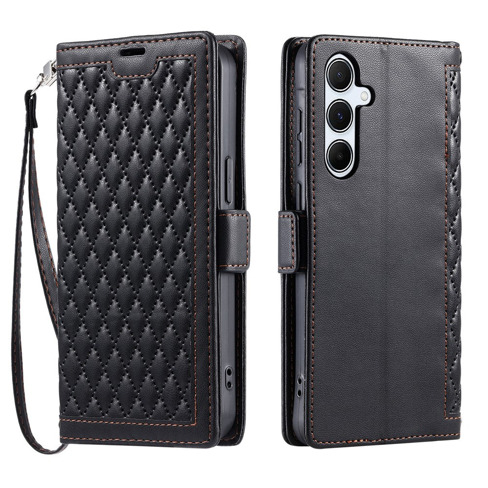 Samsung Galaxy A18 5G / A18 4G / A17 5G / A17 4G / A26 5G Läderfodral Rombstruktur Plånboksfodral med Stativ och Handledsrem