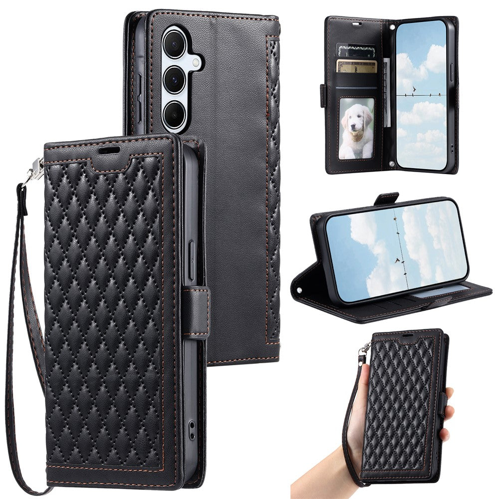 Samsung Galaxy A18 5G / A18 4G / A17 5G / A17 4G / A26 5G Läderfodral Rombstruktur Plånboksfodral med Stativ och Handledsrem