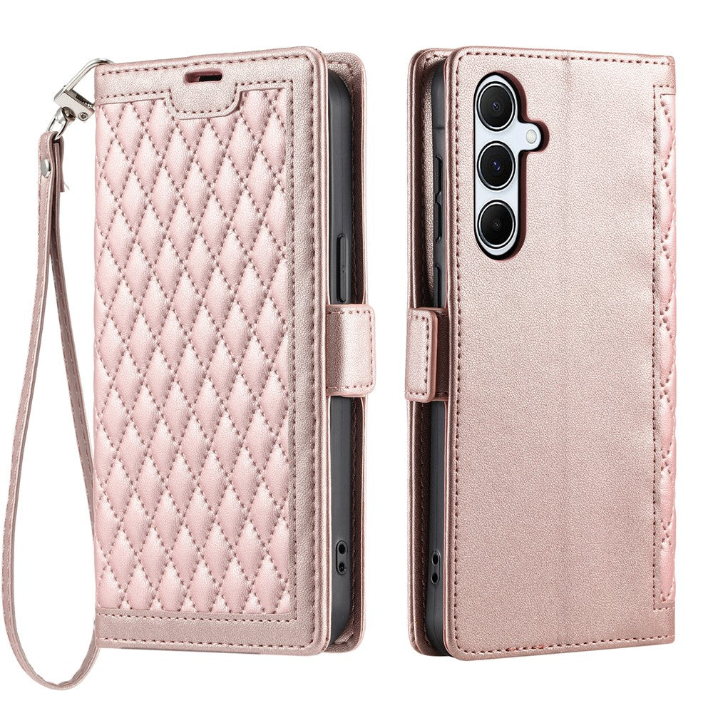 Samsung Galaxy A18 5G / A18 4G / A17 5G / A17 4G / A26 5G Läderfodral Rombstruktur Plånboksfodral med Stativ och Handledsrem