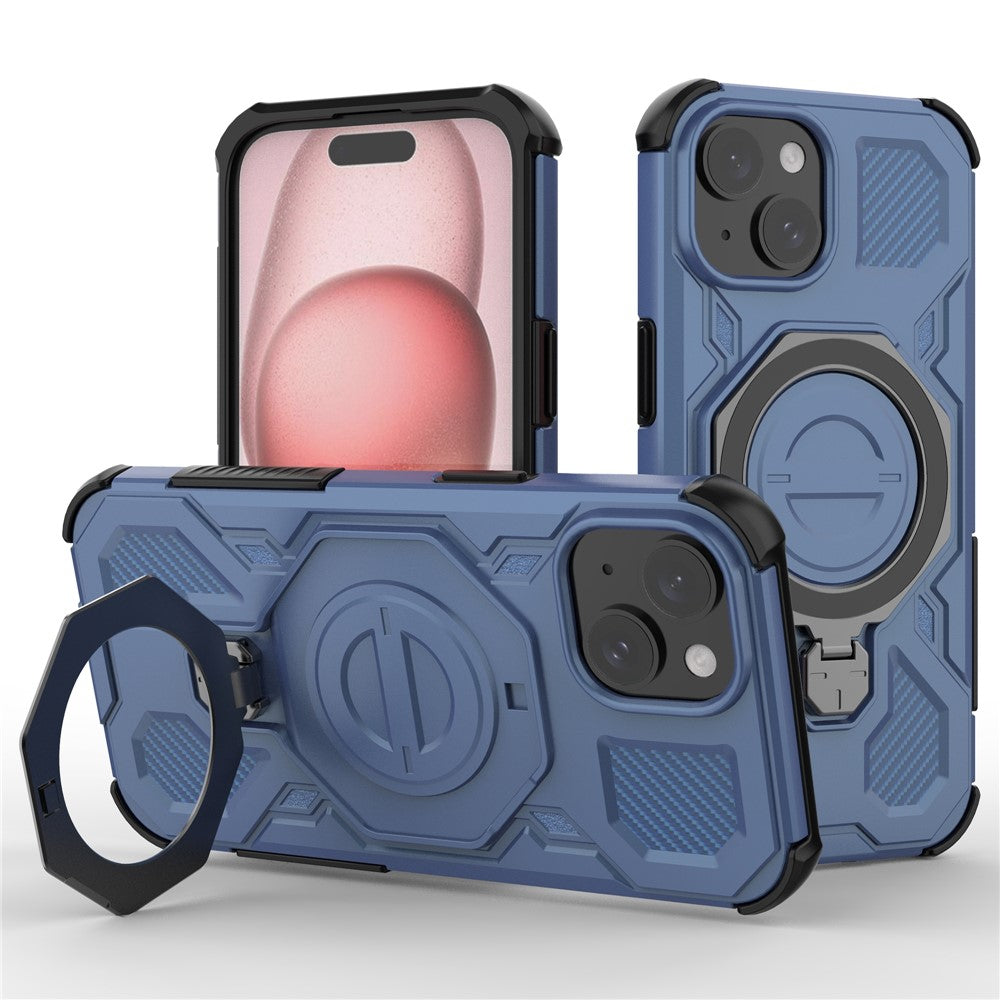 For iPhone 15 Magnetic Case Rotating Metal Kickstand Shockproof PC + TPU Phone Back Cover