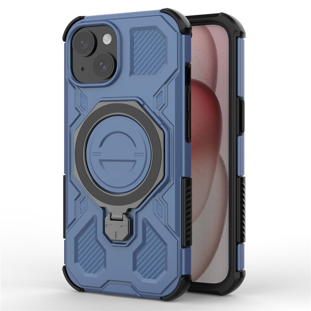 For iPhone 15 Magnetic Case Rotating Metal Kickstand Shockproof PC + TPU Phone Back Cover