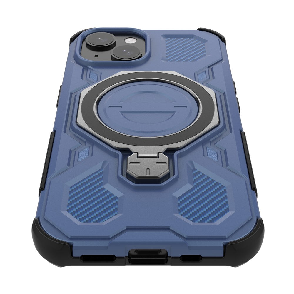 For iPhone 15 Magnetic Case Rotating Metal Kickstand Shockproof PC + TPU Phone Back Cover