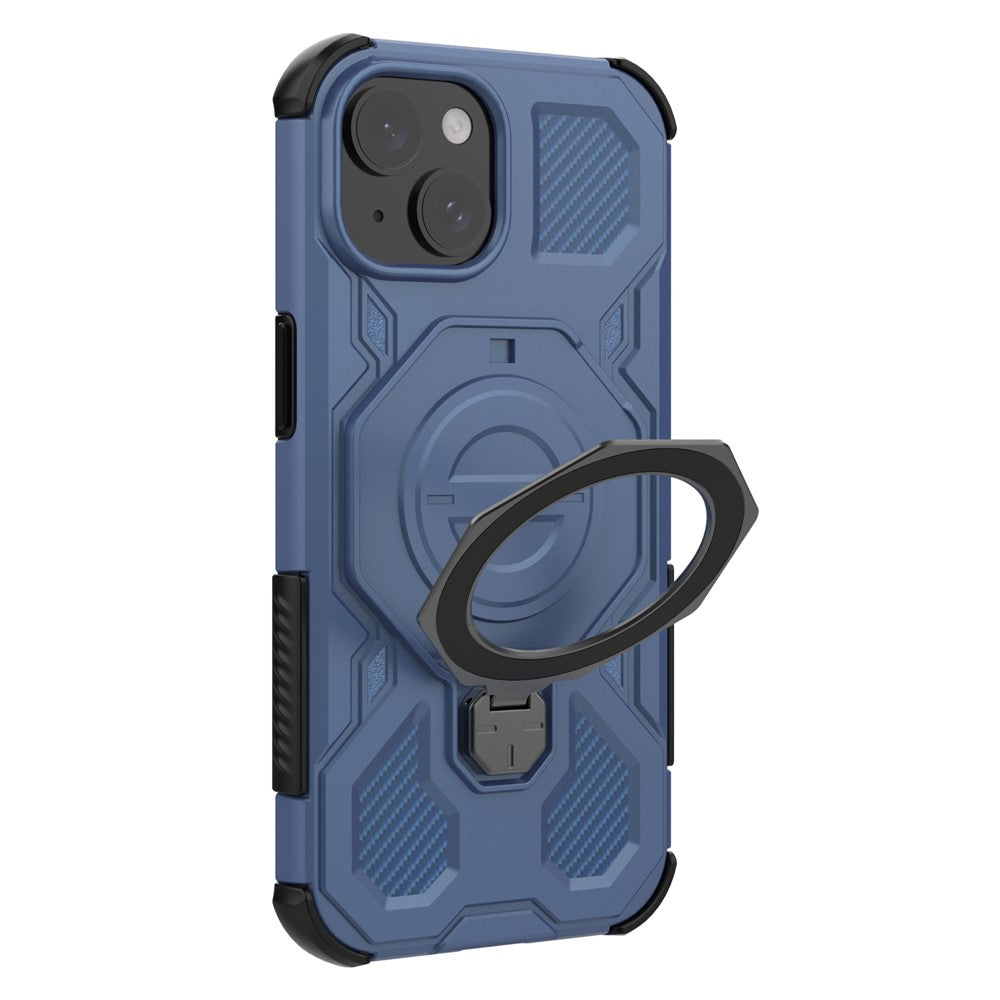 For iPhone 15 Magnetic Case Rotating Metal Kickstand Shockproof PC + TPU Phone Back Cover