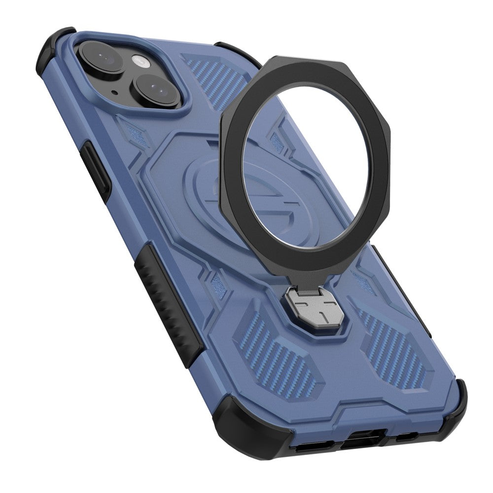 For iPhone 15 Magnetic Case Rotating Metal Kickstand Shockproof PC + TPU Phone Back Cover