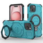 For iPhone 15 Magnetic Case Rotating Metal Kickstand Shockproof PC + TPU Phone Back Cover