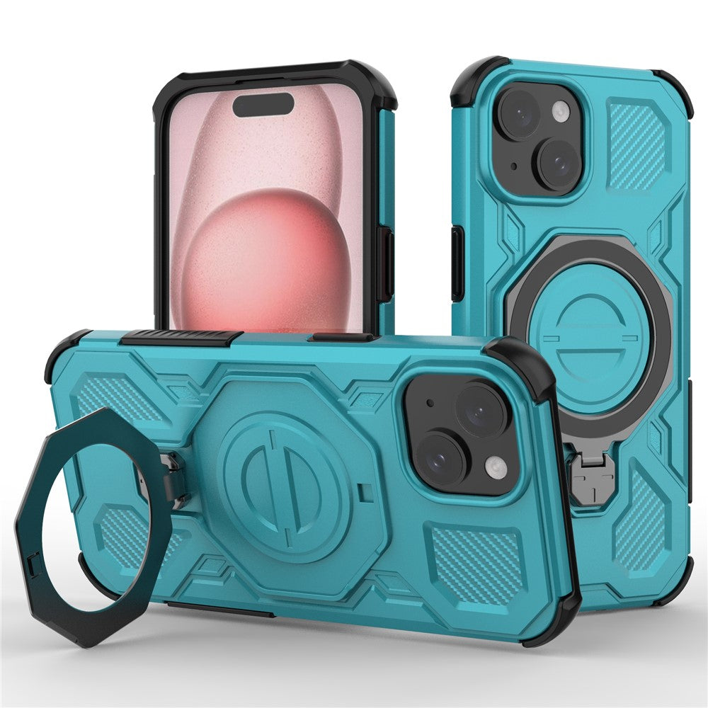 For iPhone 15 Magnetic Case Rotating Metal Kickstand Shockproof PC + TPU Phone Back Cover