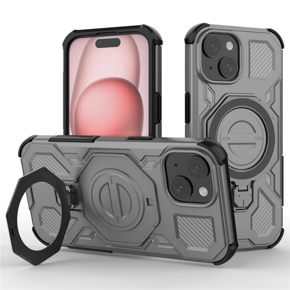 For iPhone 15 Magnetic Case Rotating Metal Kickstand Shockproof PC + TPU Phone Back Cover
