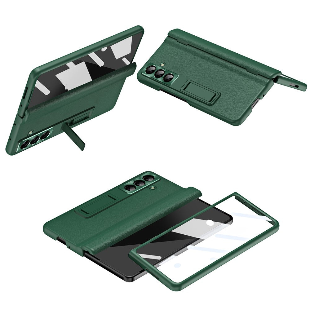 For Samsung Galaxy Z Fold7 5G Case with Tempered Glass Film Kickstand PC + PU Leather Folding Phone Cover