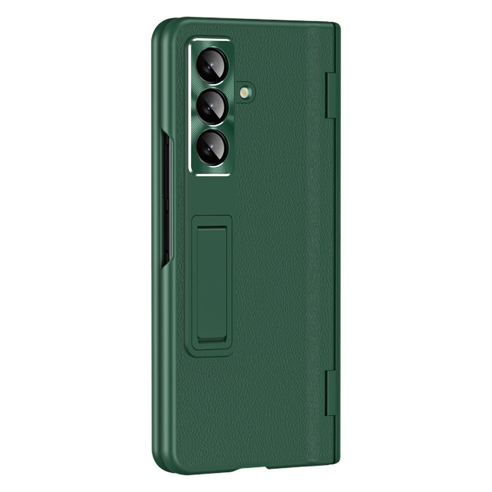 For Samsung Galaxy Z Fold7 5G Case with Tempered Glass Film Kickstand PC + PU Leather Folding Phone Cover