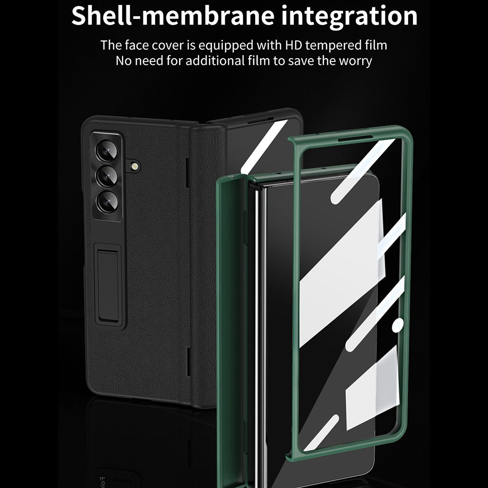 For Samsung Galaxy Z Fold7 5G Case with Tempered Glass Film Kickstand PC + PU Leather Folding Phone Cover