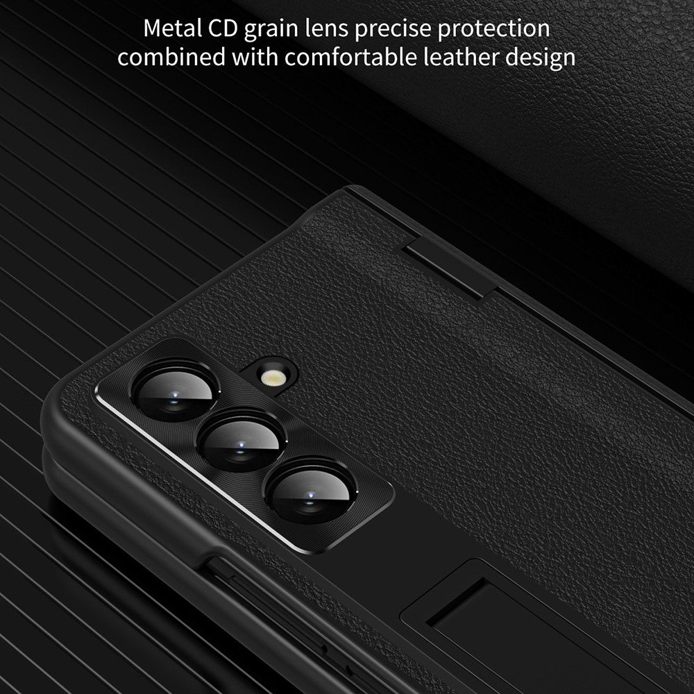 For Samsung Galaxy Z Fold7 5G Case with Tempered Glass Film Kickstand PC + PU Leather Folding Phone Cover