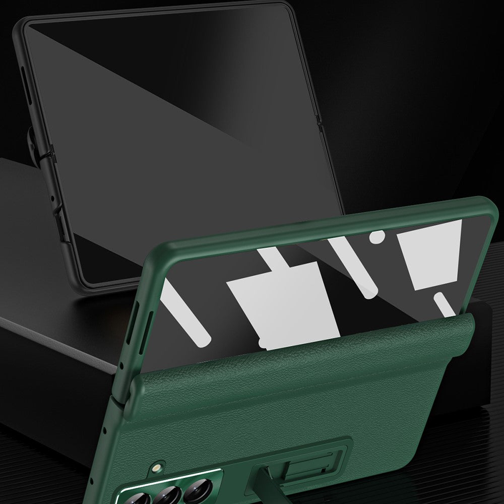For Samsung Galaxy Z Fold7 5G Case with Tempered Glass Film Kickstand PC + PU Leather Folding Phone Cover