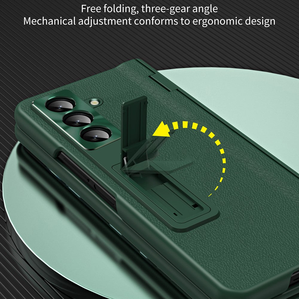 For Samsung Galaxy Z Fold7 5G Case with Tempered Glass Film Kickstand PC + PU Leather Folding Phone Cover