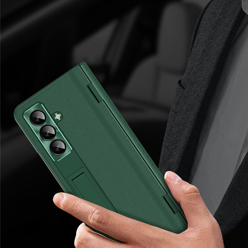 For Samsung Galaxy Z Fold7 5G Case with Tempered Glass Film Kickstand PC + PU Leather Folding Phone Cover