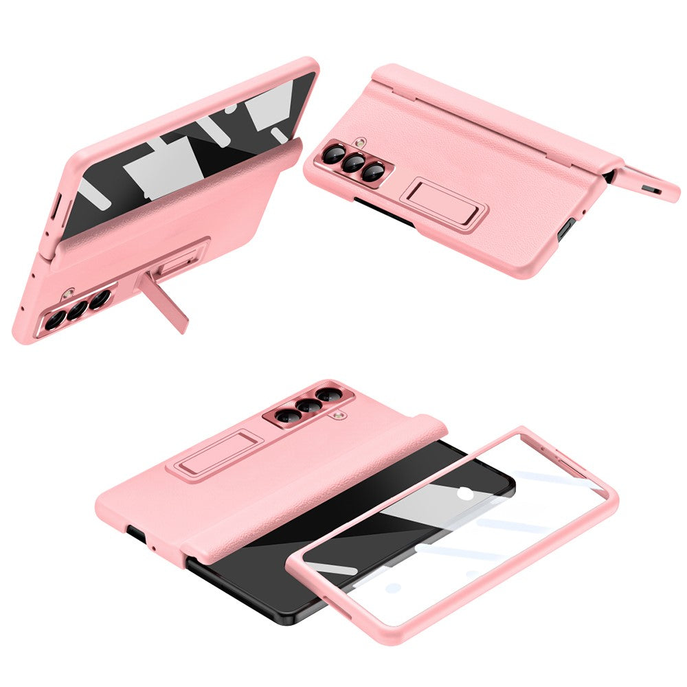 For Samsung Galaxy Z Fold7 5G Case with Tempered Glass Film Kickstand PC + PU Leather Folding Phone Cover