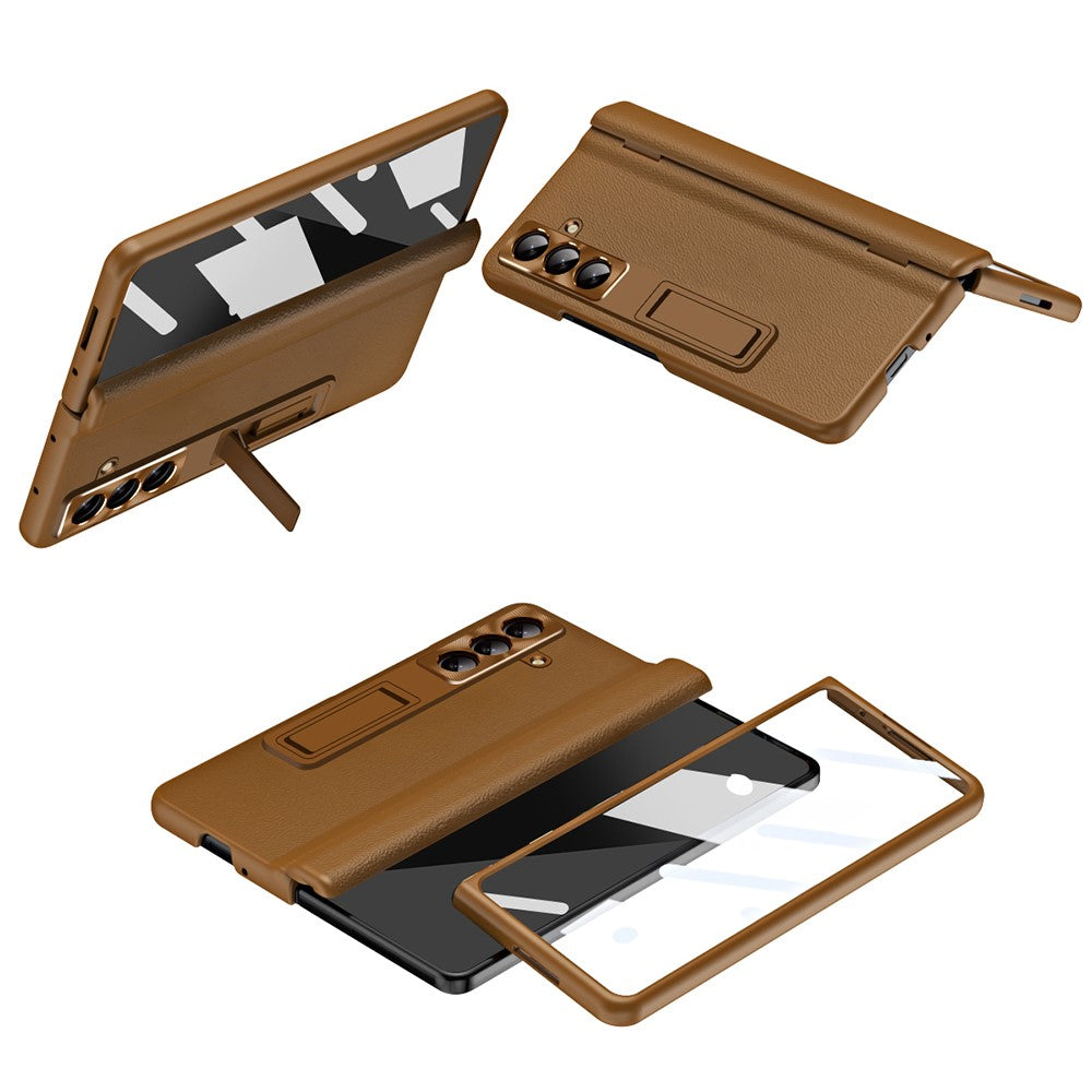 For Samsung Galaxy Z Fold7 5G Case with Tempered Glass Film Kickstand PC + PU Leather Folding Phone Cover