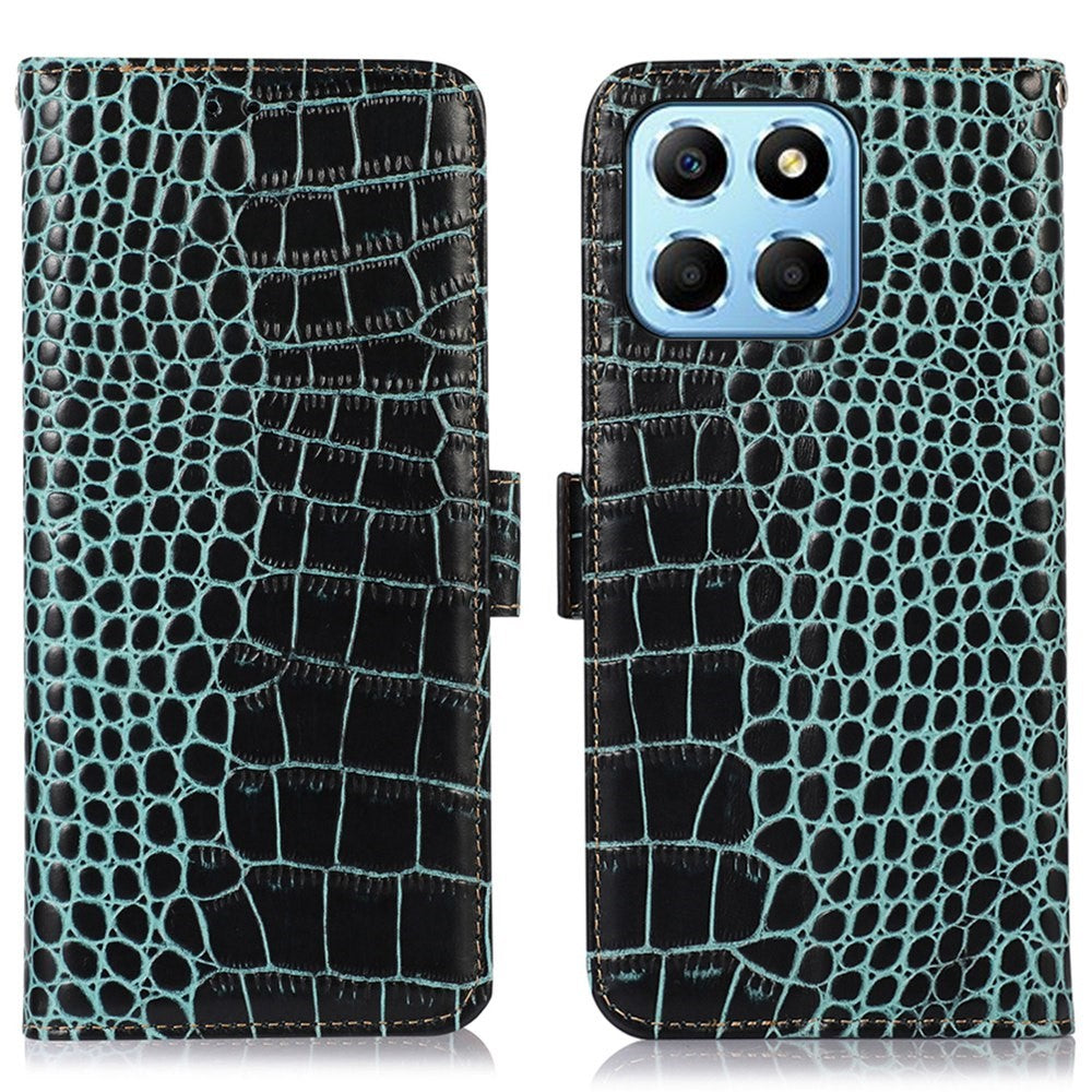 For Honor X8 5G RFID Blocking Wallet Phone Case Crocodile Texture Genuine Cowhide Leather Stand Magnetic Protect Flip Cover