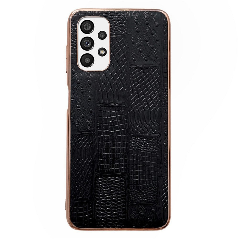For Samsung Galaxy A73 5G Mahjong Texture Cell Phone Shell Cover Nano Electroplating Genuine Cowhide Leather+PC+TPU Anti-scratch Phone Case
