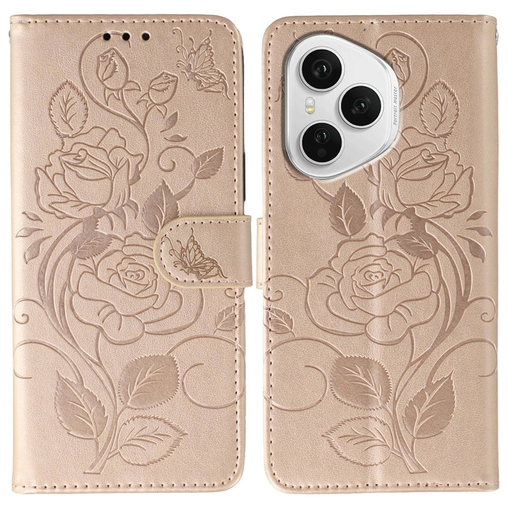 For Honor 400 Pro 5G (Global) Case Wallet Stand Imprinted Rose Butterfly PU Leather Phone Cover