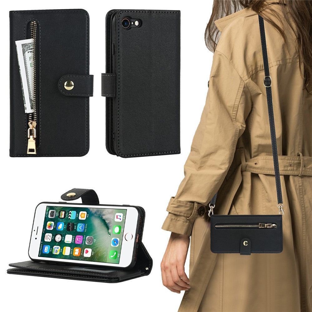 Stand Case for iPhone SE (2022) / (2020) / 8 / 7 PU Leather Phone Cover with Straps / Zipper Wallet / Multiple Card Slots