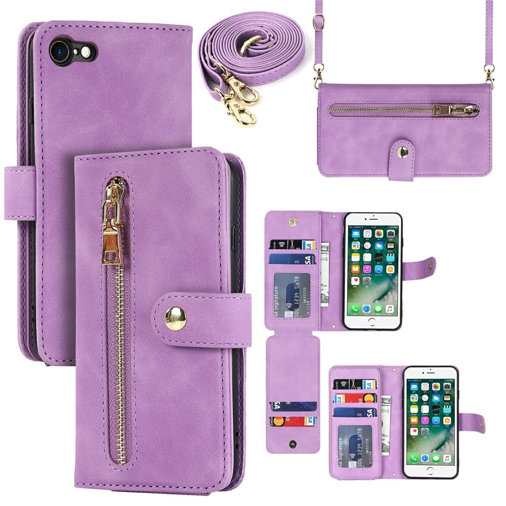 Stand Case for iPhone SE (2022) / (2020) / 8 / 7 PU Leather Phone Cover with Straps / Zipper Wallet / Multiple Card Slots
