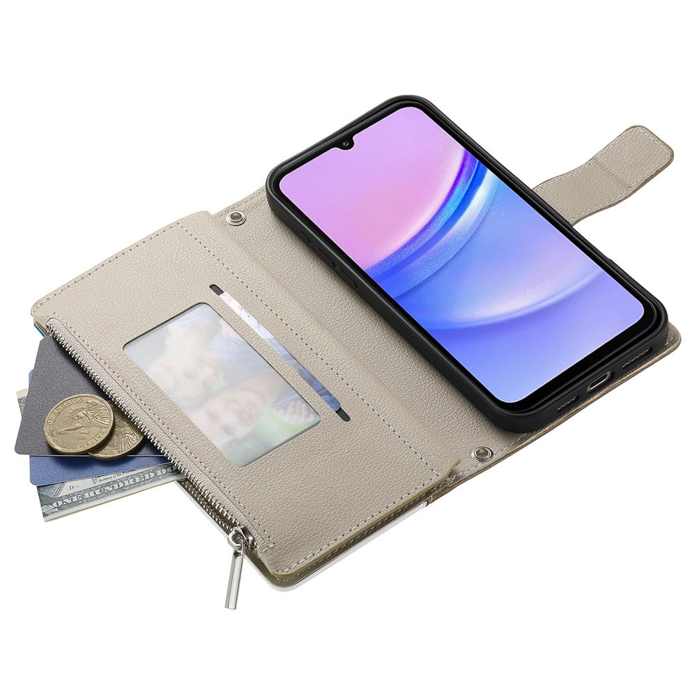Samsung Galaxy A05 4G-skal med dragkedja, plånbok, färgskarvning, läder, flip-fodral med remmar