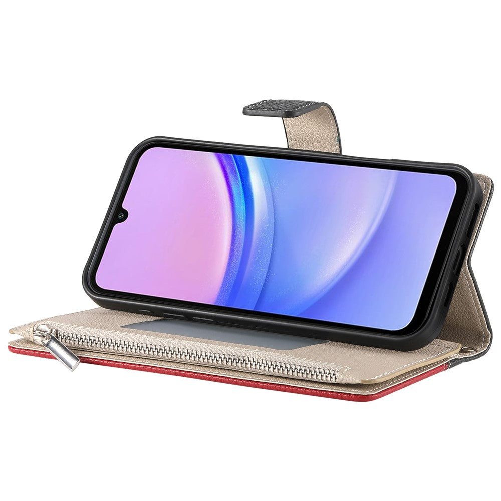 Samsung Galaxy A05 4G-skal med dragkedja, plånbok, färgskarvning, läder, flip-fodral med remmar