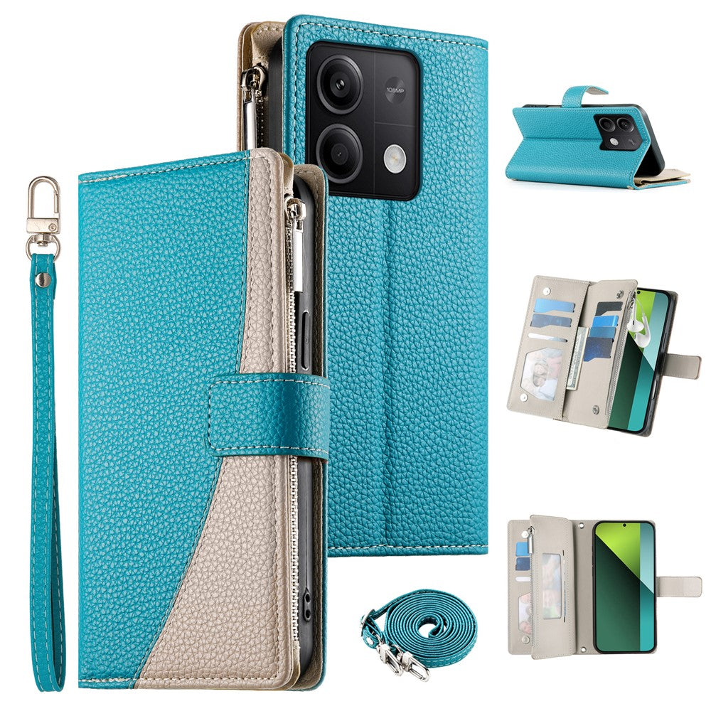 For Xiaomi Redmi Note 13 5G Case Zipper Wallet Color Splicing Leather Flip Phone Cover with Straps
