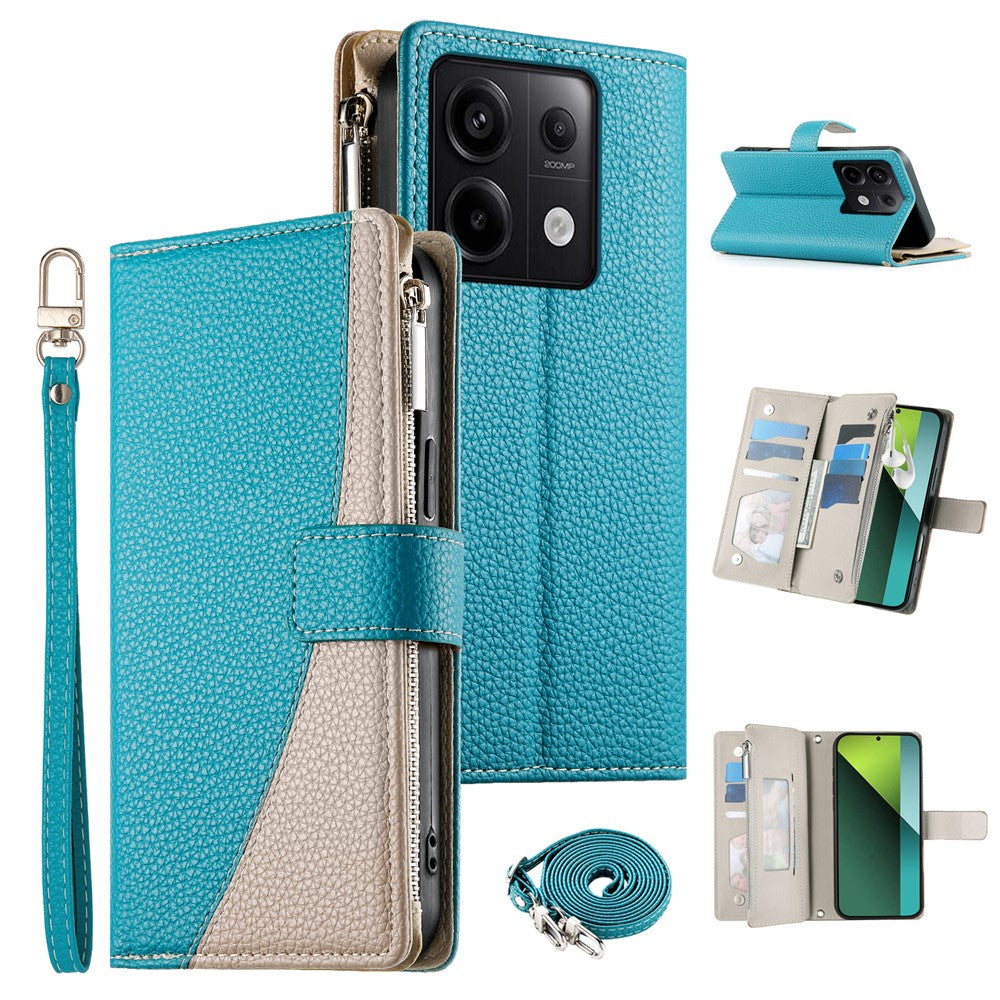 For Xiaomi Redmi Note 13 Pro 5G  /  Poco X6 5G Case Zipper Wallet Color Splicing Leather Flip Phone Cover with Straps