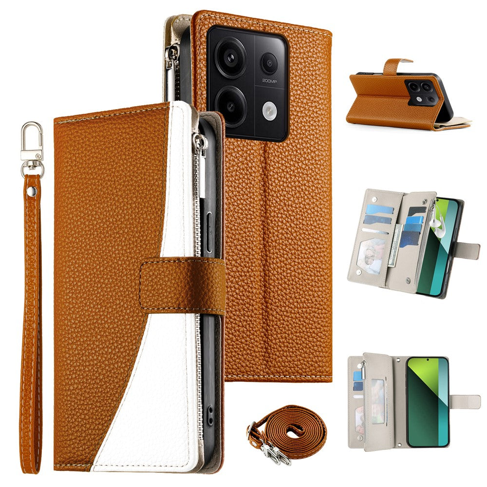 For Xiaomi Redmi Note 13 Pro 5G  /  Poco X6 5G Case Zipper Wallet Color Splicing Leather Flip Phone Cover with Straps