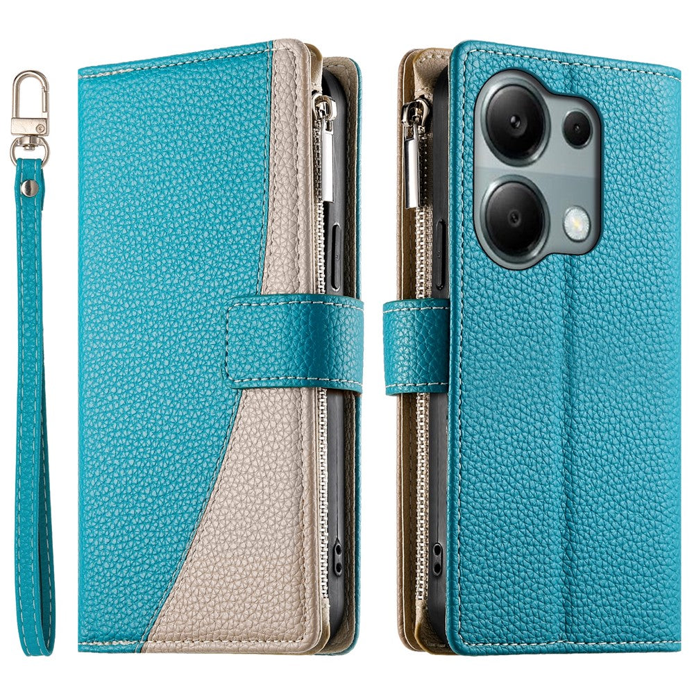 For Xiaomi Redmi Note 13 Pro 4G  /  Poco M6 Pro 4G Case Zipper Wallet Color Splicing Leather Flip Phone Cover with Straps