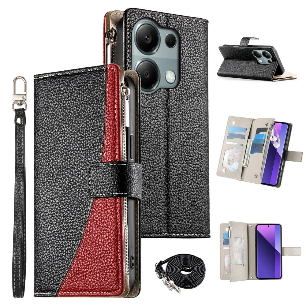 For Xiaomi Redmi Note 13 Pro 4G  /  Poco M6 Pro 4G Case Zipper Wallet Color Splicing Leather Flip Phone Cover with Straps