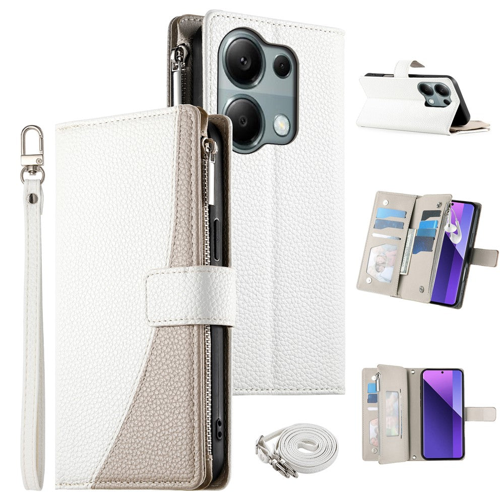 For Xiaomi Redmi Note 13 Pro 4G  /  Poco M6 Pro 4G Case Zipper Wallet Color Splicing Leather Flip Phone Cover with Straps
