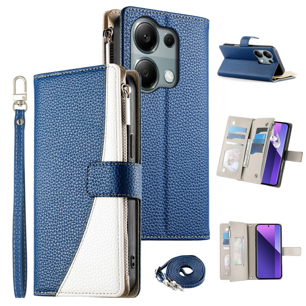 For Xiaomi Redmi Note 13 Pro 4G  /  Poco M6 Pro 4G Case Zipper Wallet Color Splicing Leather Flip Phone Cover with Straps