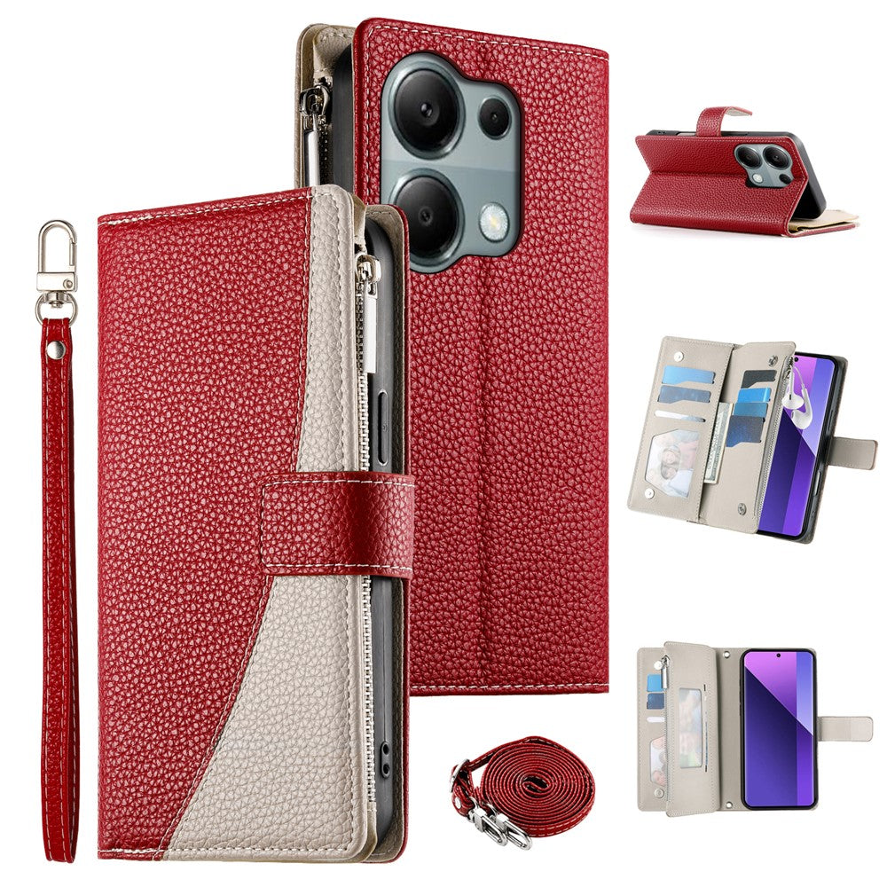 For Xiaomi Redmi Note 13 Pro 4G  /  Poco M6 Pro 4G Case Zipper Wallet Color Splicing Leather Flip Phone Cover with Straps