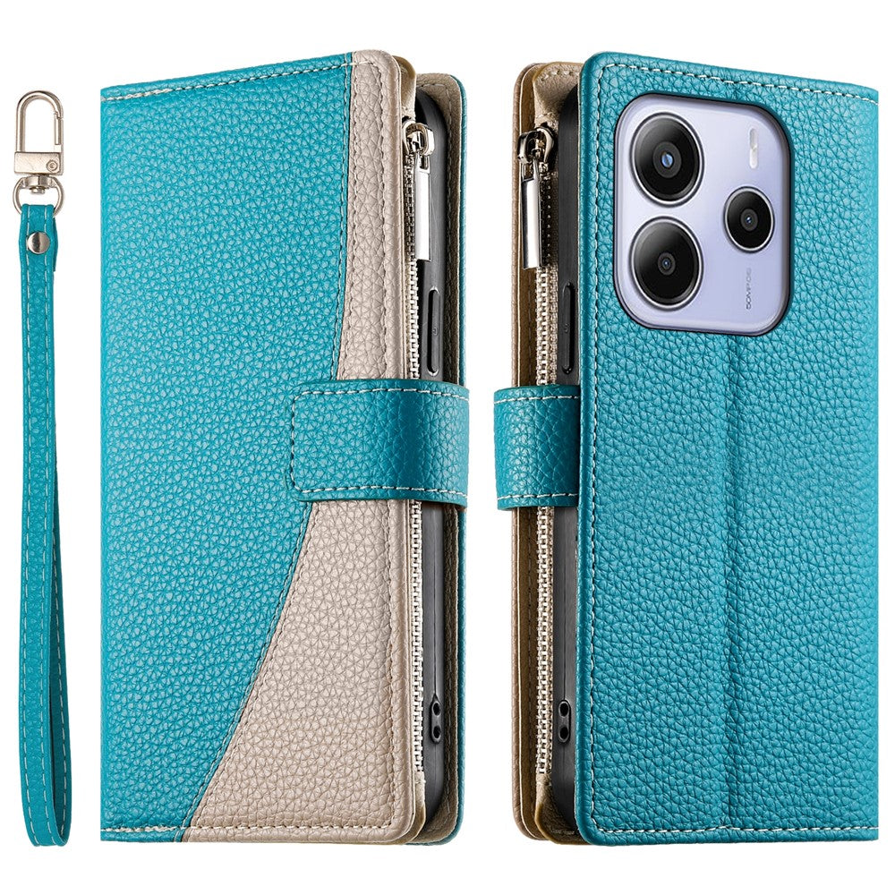 For Xiaomi Redmi Note 14 4G (164.84mm) Case Zipper Wallet Color Splicing Leather Flip Phone Cover with Straps
