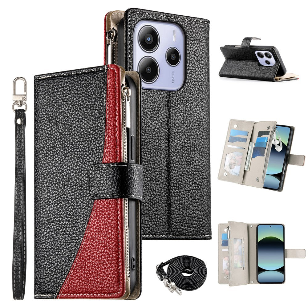 For Xiaomi Redmi Note 14 4G (164.84mm) Case Zipper Wallet Color Splicing Leather Flip Phone Cover with Straps
