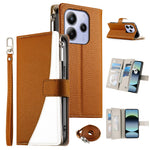 For Xiaomi Redmi Note 14 4G (164.84mm) Case Zipper Wallet Color Splicing Leather Flip Phone Cover with Straps