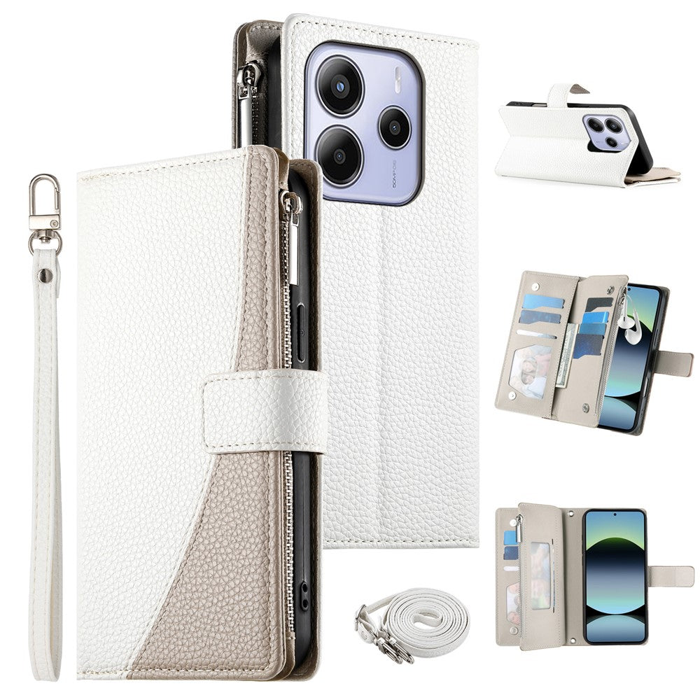For Xiaomi Redmi Note 14 4G (164.84mm) Case Zipper Wallet Color Splicing Leather Flip Phone Cover with Straps