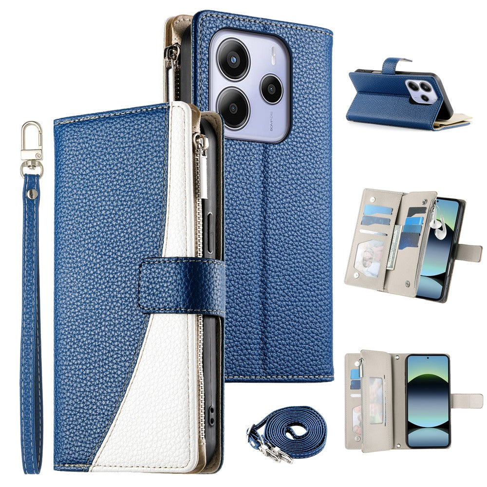 For Xiaomi Redmi Note 14 4G (164.84mm) Case Zipper Wallet Color Splicing Leather Flip Phone Cover with Straps