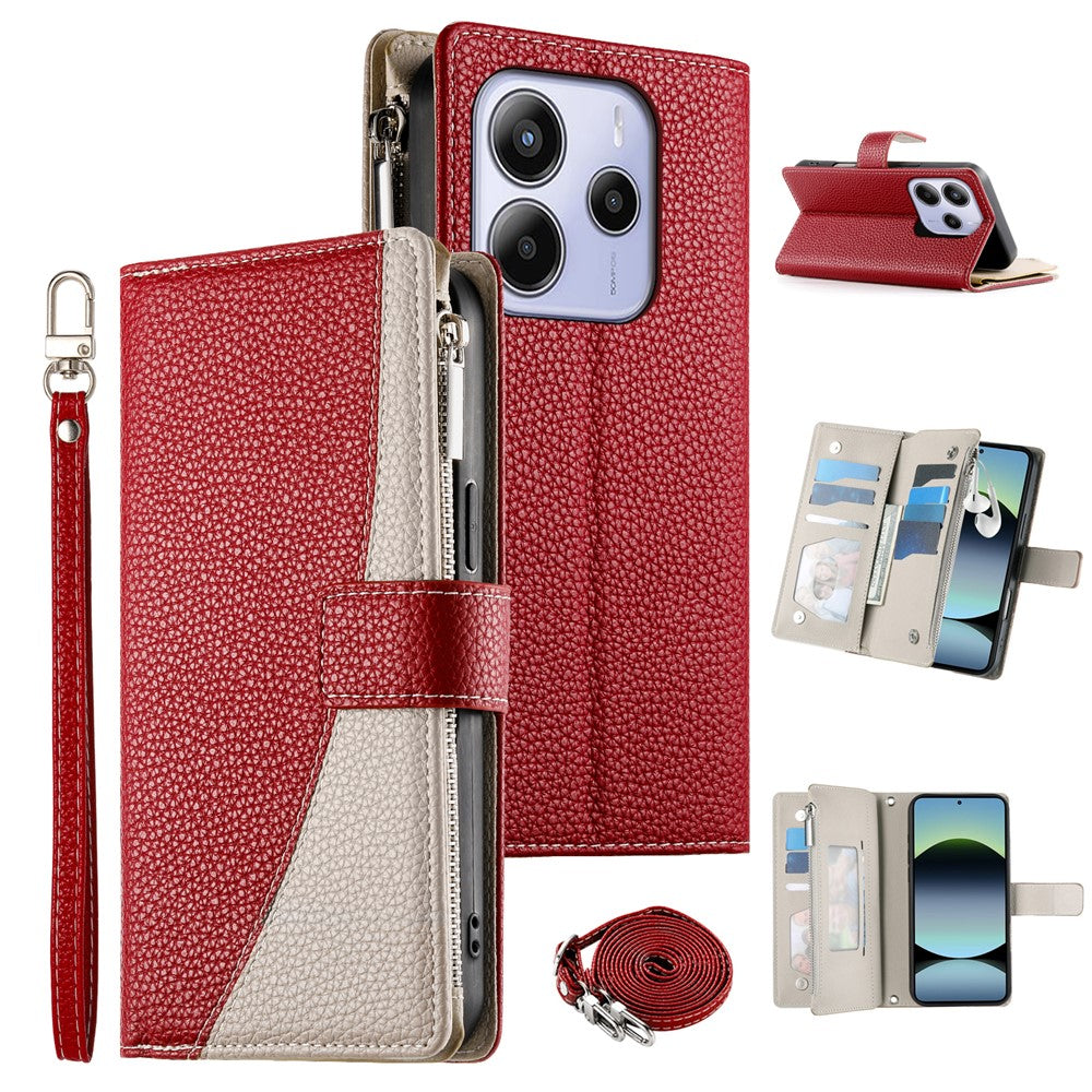 For Xiaomi Redmi Note 14 4G (164.84mm) Case Zipper Wallet Color Splicing Leather Flip Phone Cover with Straps