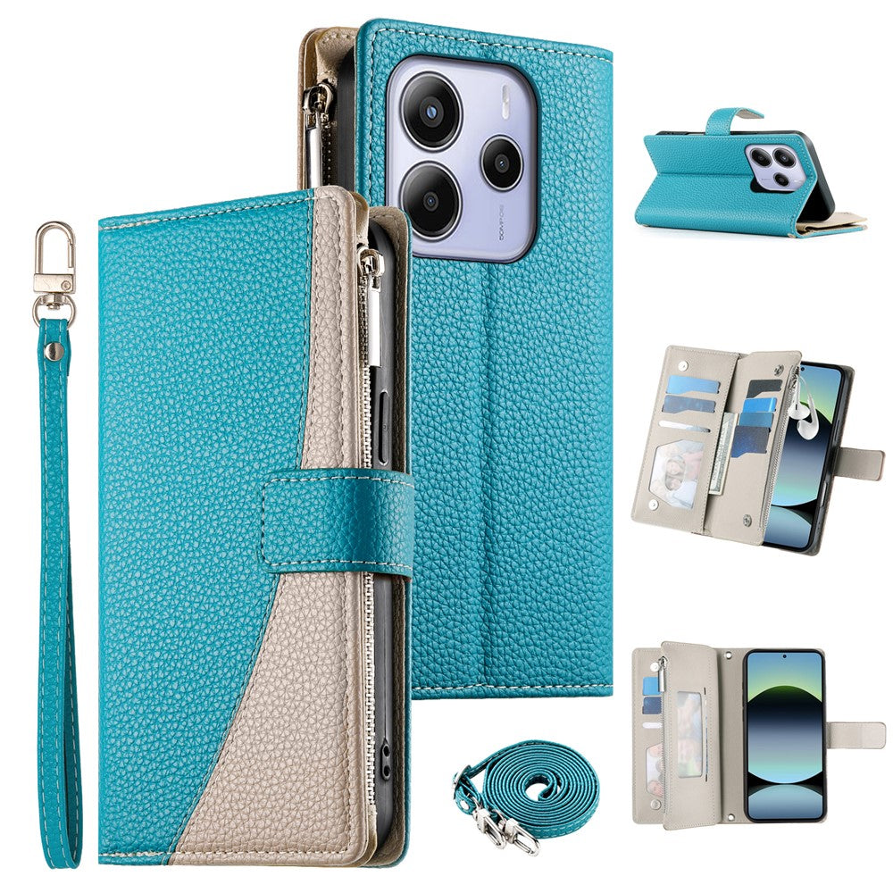 For Xiaomi Redmi Note 14 5G Case Zipper Wallet Color Splicing Leather Flip Phone Cover with Straps