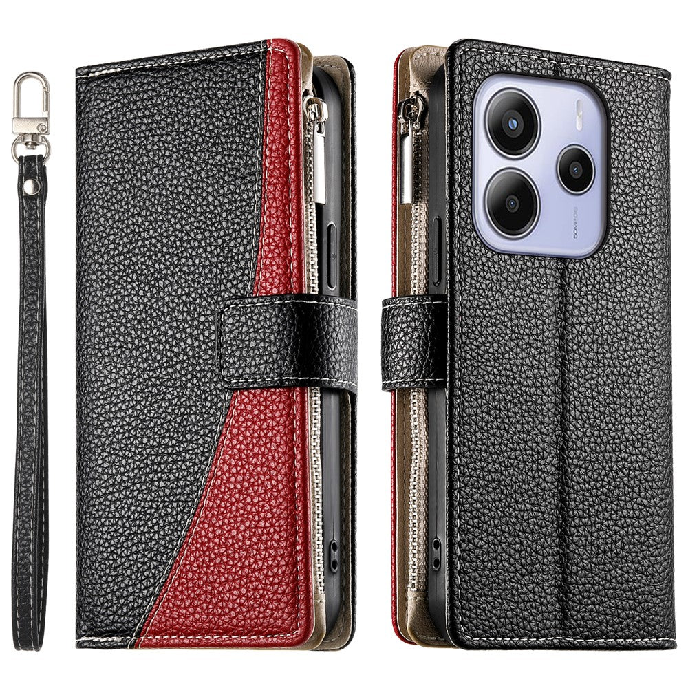 For Xiaomi Redmi Note 14 5G Case Zipper Wallet Color Splicing Leather Flip Phone Cover with Straps