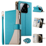 For Xiaomi 15 Case Zipper Wallet Color Splicing Leather Flip Phone Cover with Straps